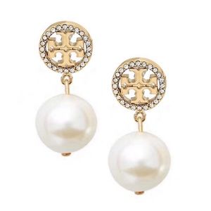 TORY BURCH • Gold Logo Crystal Pearl Drop Earrings